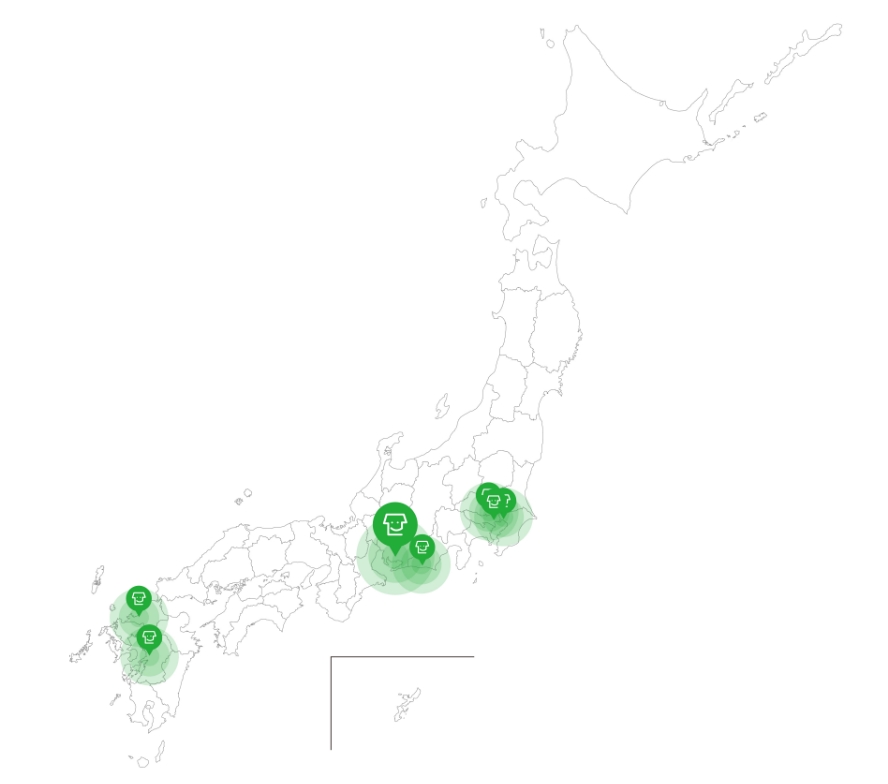 ナカジツの特定地域内に集中した店舗展開を表す日本地図