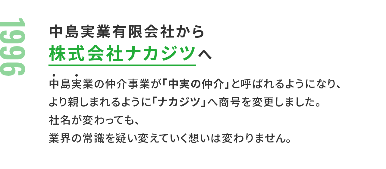 1996年：中島実業有限会社から株式会社ナカジツへ 中島実業の仲介事業が「中実の仲介」と呼ばれるようになり、より親しまれるように「ナカジツ」へ商号を変更しました。 社名が変わっても、業界の常識を疑い変えていく想いは変わりません。
