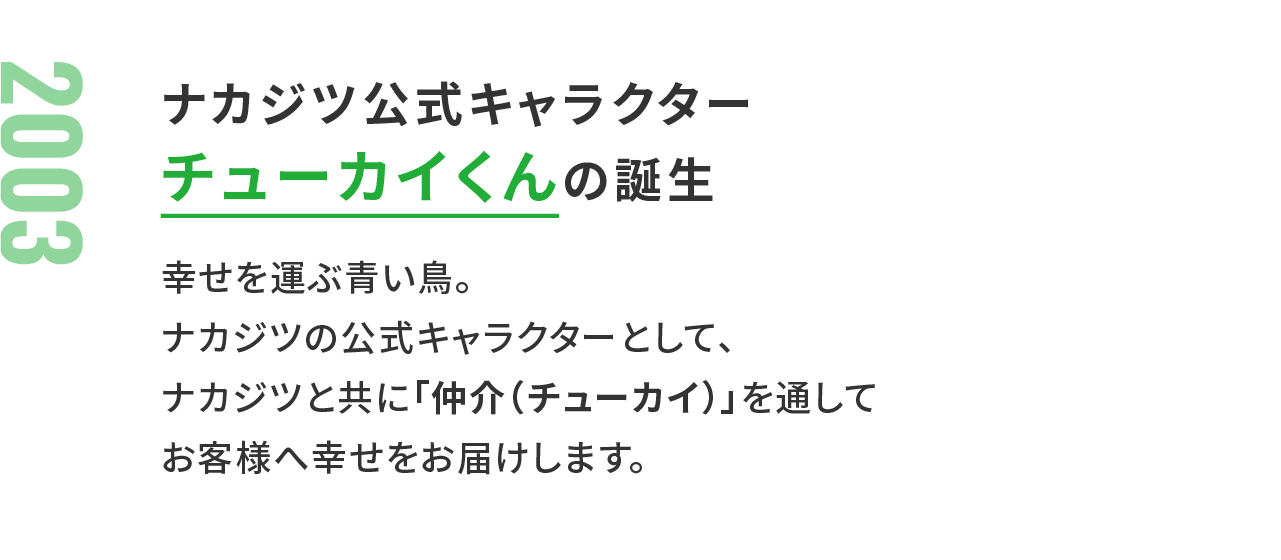 2003年：ナカジツ公式キャラクターチューカイくん の誕生 幸せを運ぶ青い鳥。 ナカジツの公式キャラクターとして、ナカジツと共に「仲介（チューカイ）」を通してお客様へ幸せをお届けします。