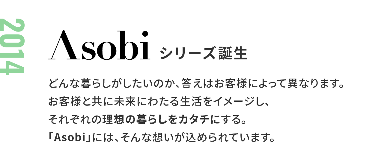 2014年：アソビシリーズ誕生 どんな暮らしがしたいのか、答えはお客様によって異なります。お客様と共に未来にわたる生活をイメージし、それぞれの理想の暮らしをカタチにする。「Asobi」には、そんな想いが込められています。