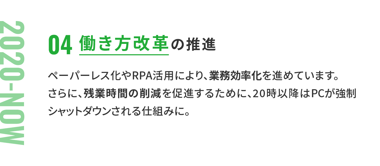 2020年から今：働き方改革の推進 ペーパーレス化やRPA活用により、業務効率化を進めています。 さらに、残業時間の削減を促進するために、20時以降はPCが強制シャットダウンされる仕組みに。